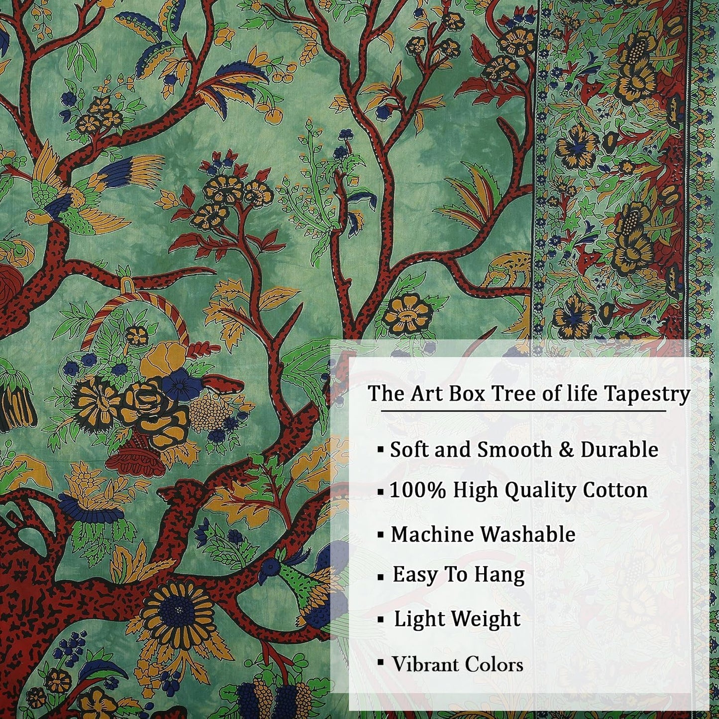 Tapestry Green Tree of Life Wall Hanging – Indian Cotton Full Size Bedspread, Picnic Sheet, Wall Decor, Blanket, Wall Art for Bedroom (Full, 85X90 Inch)