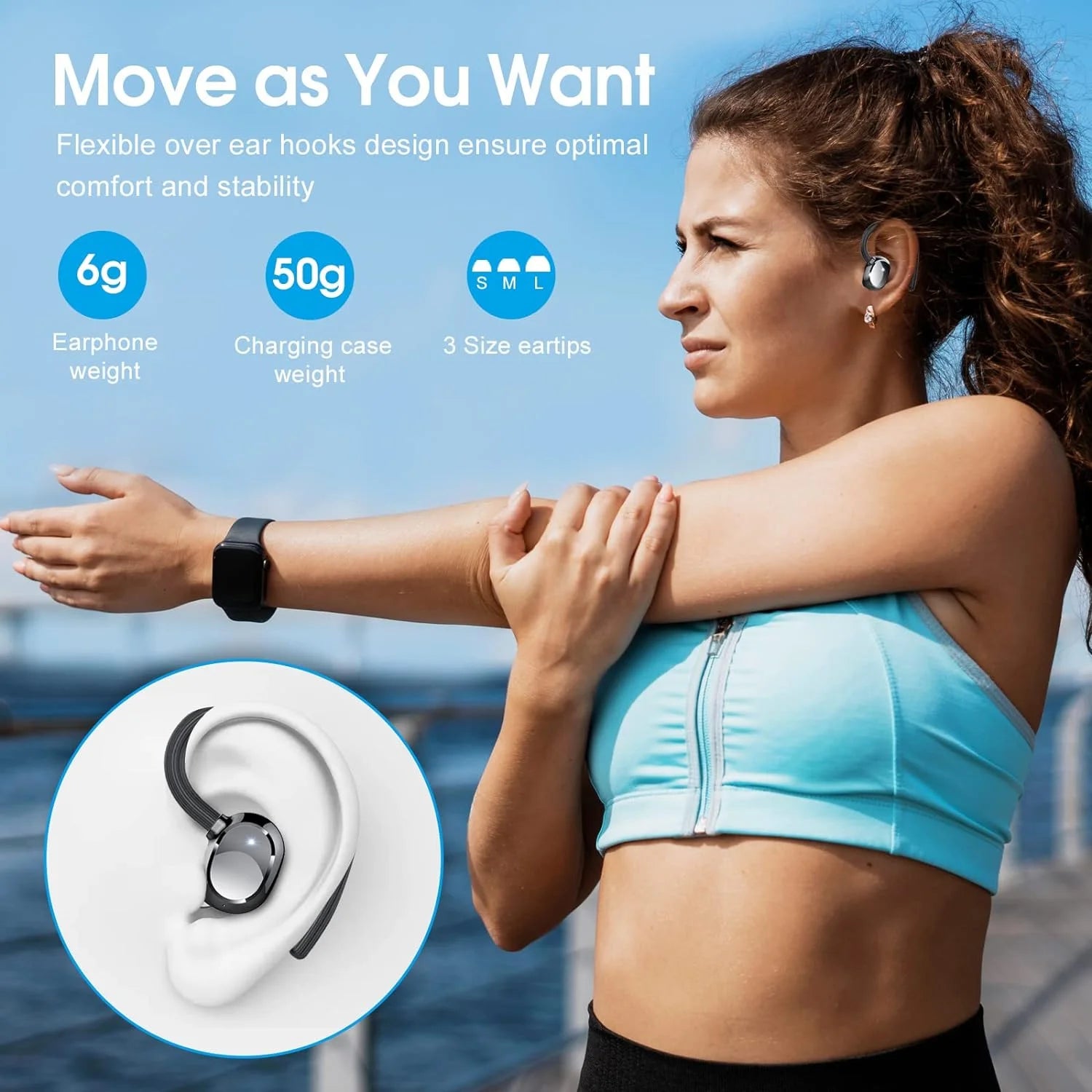 2025 New Ultralight Bluetooth Headphones 125Hrs Wireless Earbuds with Display Charger Case over Ear Bud with Earhooks,Noise Cancelling Mic,Waterproof Deep Bass Headset for Workout,Black