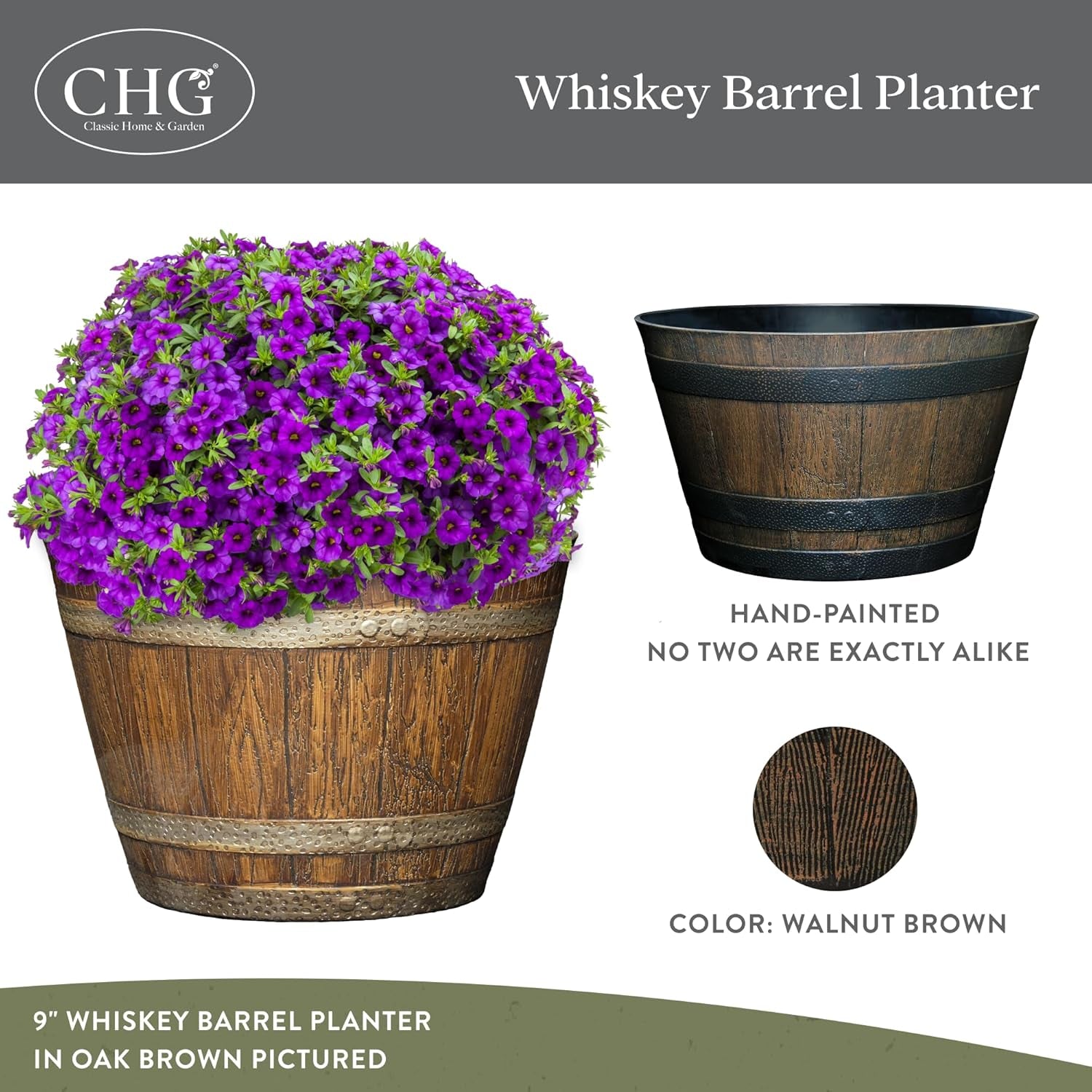 Whiskey Barrel Planters - Wood Finish Flower Planter Pot - Stylish Garden Pots - Indoor & Outdoor Resin Planters - Weather-Resistant Planting Pot (20.5" Kentucky Walnut, 1- Pack)