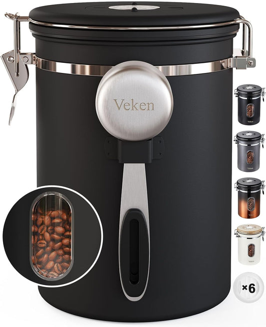Coffee Canister with Window,Airtight Stainless Steel Container,Home Kitchen Food Storage Organizers for Grounds,Beans,Espresso,Rice,Tea,Sugar,Flour, Cereal,Scoop,Bar Accessories,Gifts,22Oz,Black
