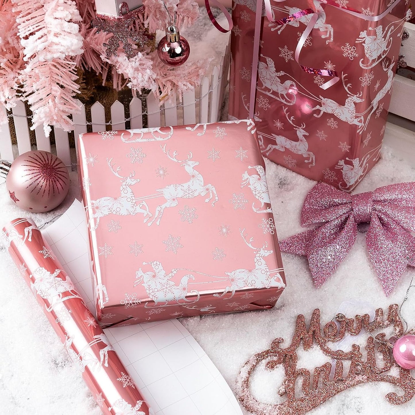 Christmas Wrapping Paper Roll - Pink Gift Wrap with Christmas Sleigh Amd Snowflake - Perfect for Christmas - 17 Inch X 33 Feet