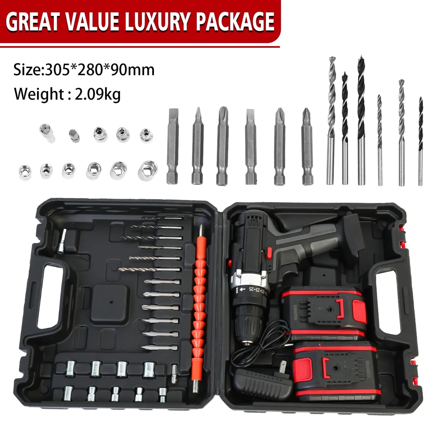 21V Power Drill with 2 Batteries and Charger, Multi-Functional Electric Cordless Drill Set Kit, Portable and Variable Speed, Black