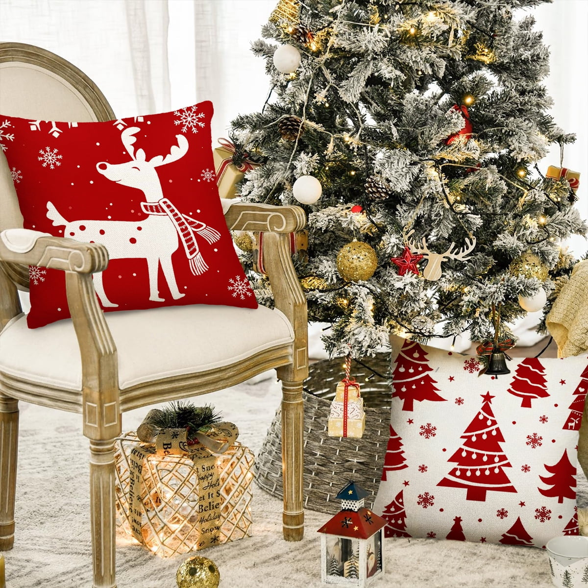 Christmas Throw Pillow Covers 18''X18'' Set of 4 Decorative Holiday Pillows Cover Cases Farmhouse Decor for Xmas Decoration Home Couch Sofa, Red