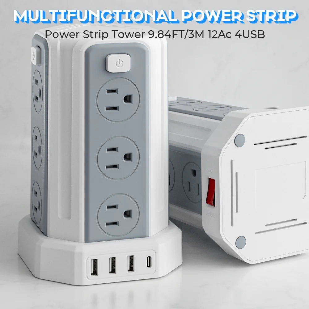 Surge Protector Power Strip Tower with 12 Outlets 4 USB Ports, 10Ft Cord Electric Charging Station, White