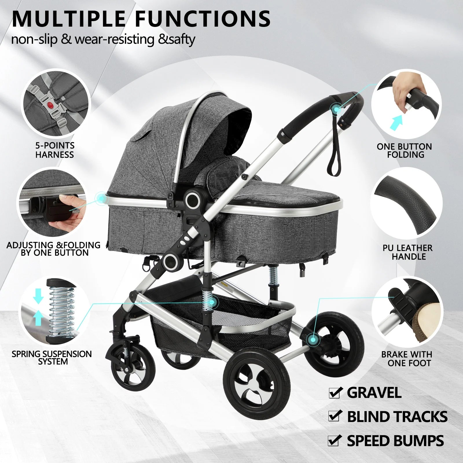 3-In-1 Convertible Baby Stroller with Big Seat and Adjustable Canopy, 24 Pound, Dark Grey