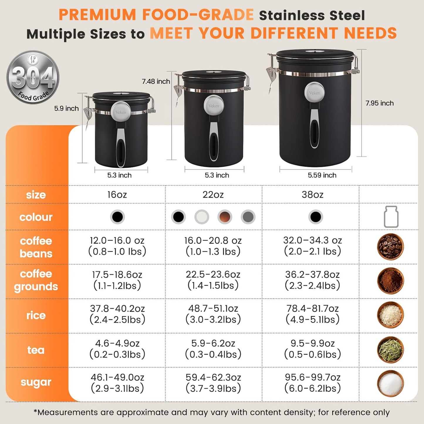 Coffee Canister with Window,Airtight Stainless Steel Container,Home Kitchen Food Storage Organizers for Grounds,Beans,Espresso,Rice,Tea,Sugar,Flour, Cereal,Scoop,Bar Accessories,Gifts,22Oz,Black