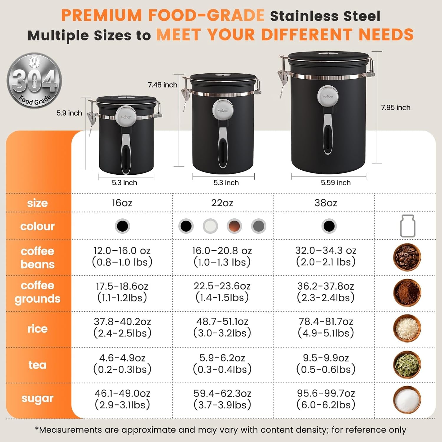 Coffee Canister with Window,Airtight Stainless Steel Container,Home Kitchen Food Storage Organizers for Grounds,Beans,Espresso,Rice,Tea,Sugar,Flour, Cereal,Scoop,Bar Accessories,Gifts,22Oz,Black