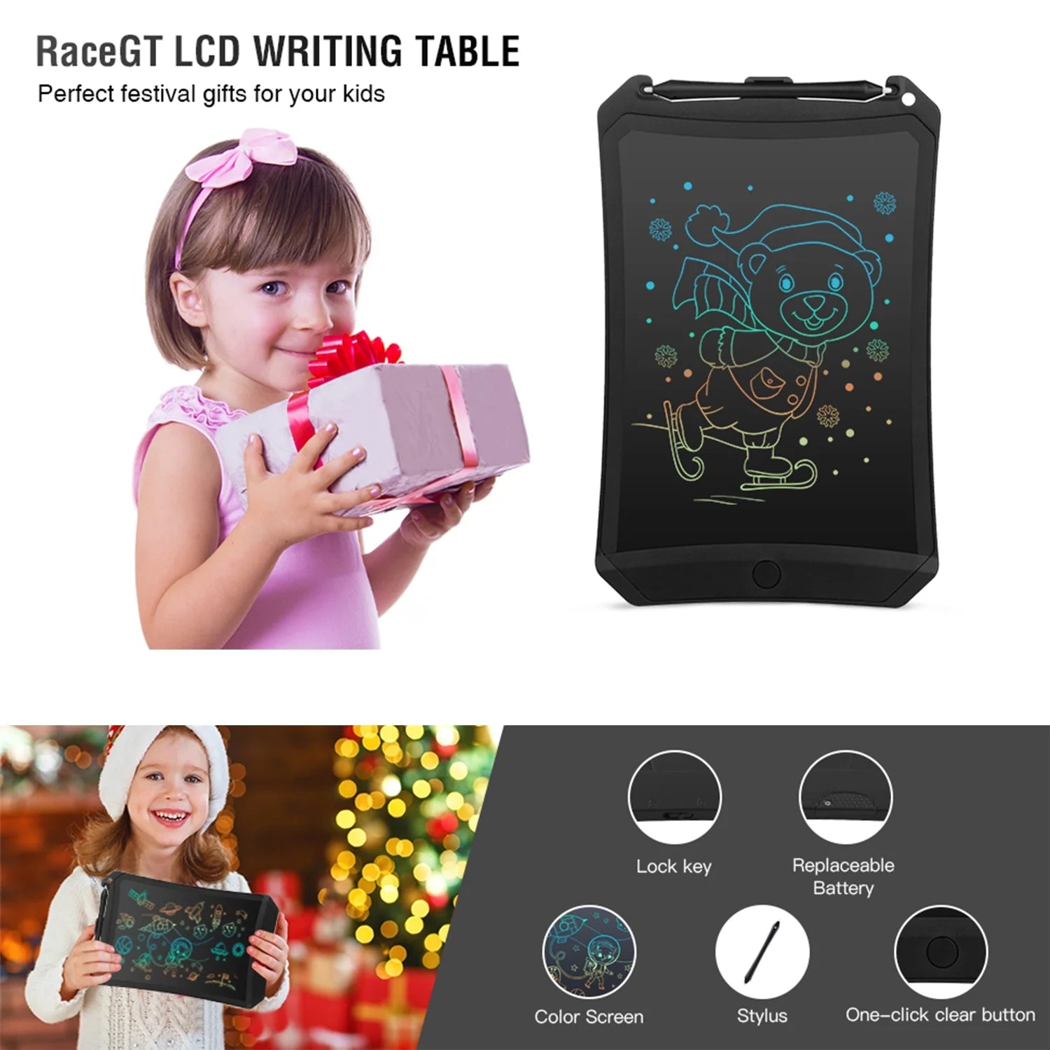 LCD Writing Tablet, 8.5 Inch Reusable Drawing Pad for Kids, Colourful Screen Drawing Tablet Doodle Board W/ Stylus Pen, Toy for 3 4 5 6 7 8 Years Old Kids, Gifts for Kids and Adults, Black