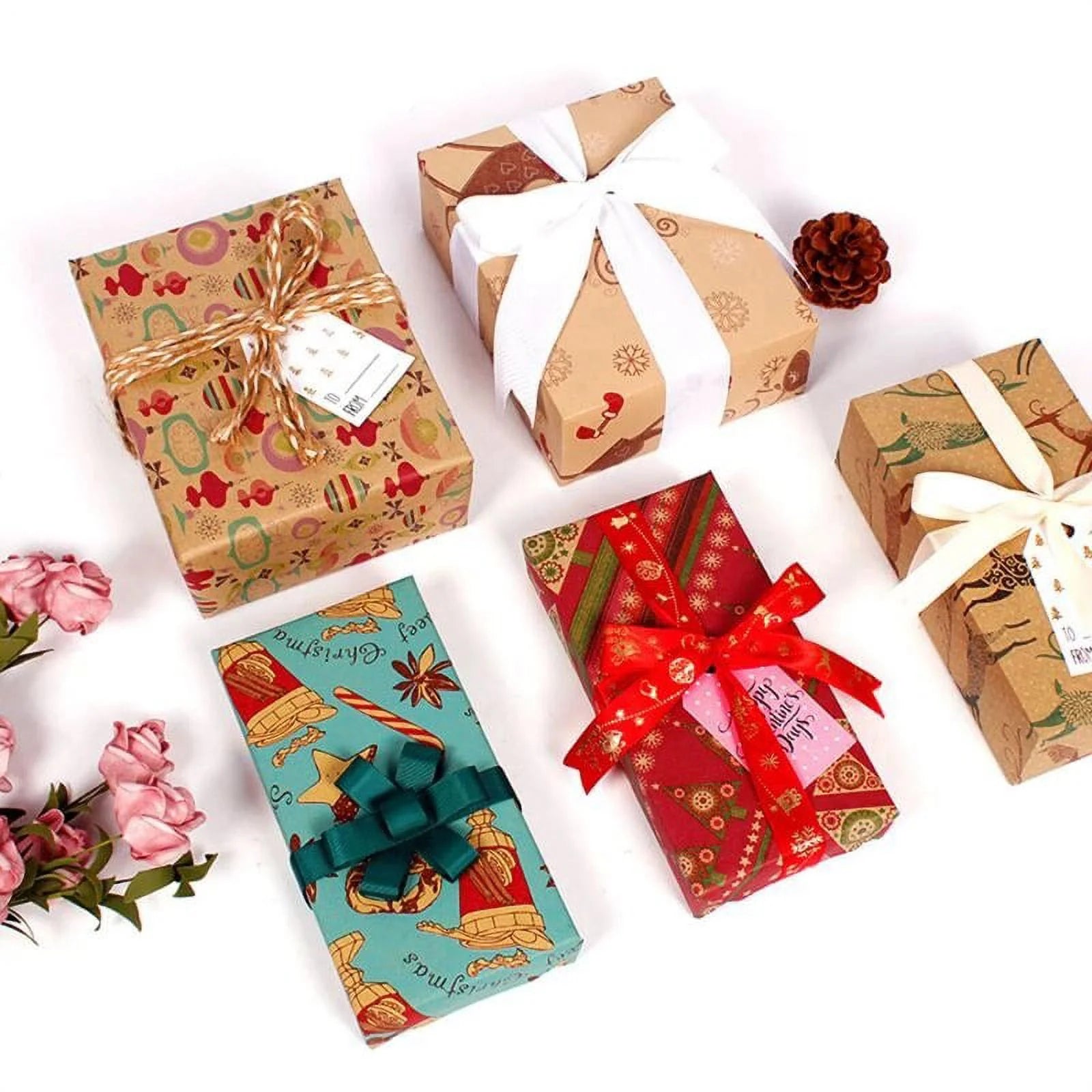 Christmas Wrapping Paper, Holiday Wrapping Paper, 9 Pack Brown Kraft Paper, Snow, Christmas Tree, Snowman, Lantern and Color Elk (9-Sheets, 30" X 20")