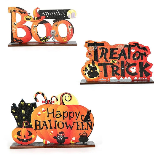 3Pcs Happy Halloween Table Decorations,Orange Pumpkin Table Centerpieces Boo Sign Wood Candy Day for Halloween Party Dinner Coffee Table Topper Tier Tray Room Decor,7.87'' X 4.72''