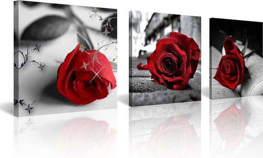 3 Pcs Red Rose Canvas Art Black and White Red Wall Art Flower Picture Prints on Canvas Stretched and Framed Triptych 12"X12" Floral Decor Canvas Art for Home Decor Living Room Bedroom