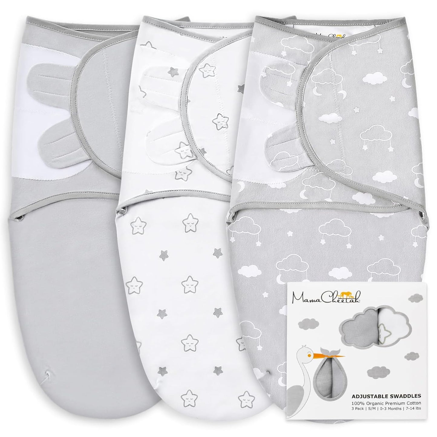 Baby Swaddle Blanket, Swaddle Wrap for Newborn and Infant, Adjustable Swaddle Set for Baby Boy and Girl, 3 Pack Soft Organic Cotton, Large (3-6 Months), Grey and White