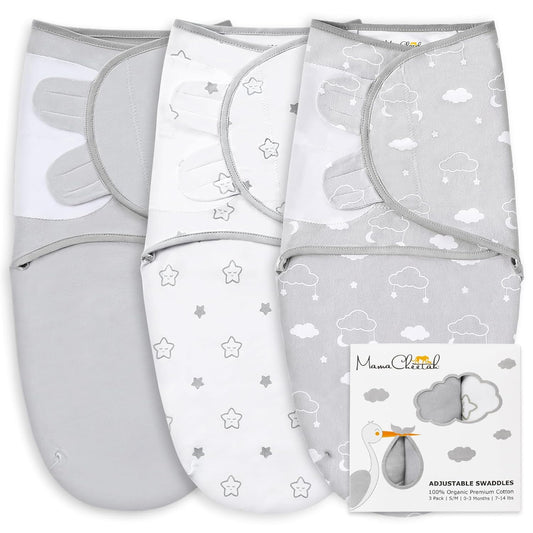 Baby Swaddle Blanket, Swaddle Wrap for Newborn and Infant, Adjustable Swaddle Set for Baby Boy and Girl, 3 Pack Soft Organic Cotton, Large (3-6 Months), Grey and White