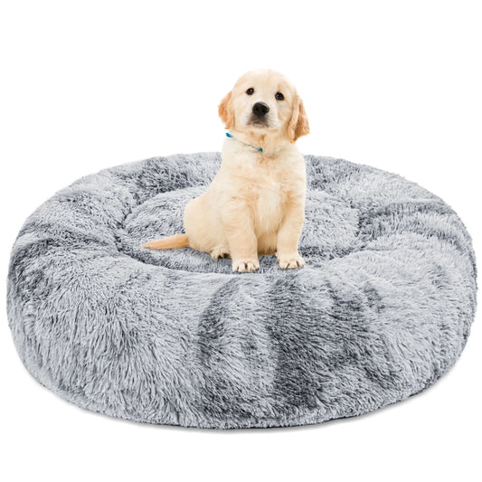 Calming Donut Pet Bed for Small Dogs 20", Anti-Anxiety Plush Cozy Warming Dog Bed, Grey