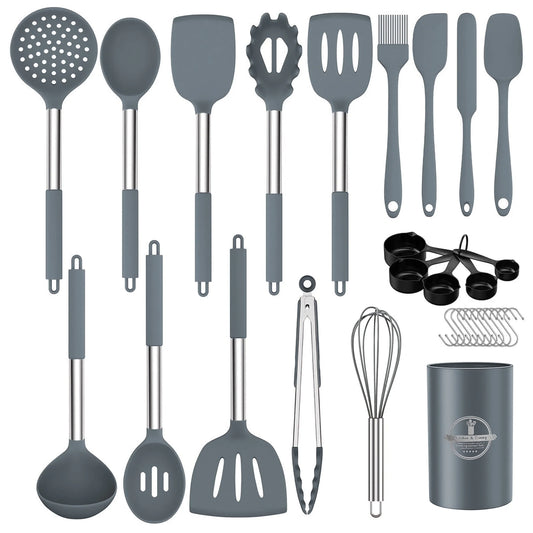 Kitchen Utensils Set,30 Piece Stainless Steel Handle Cutlery Set with Holder Kitchen Accessories