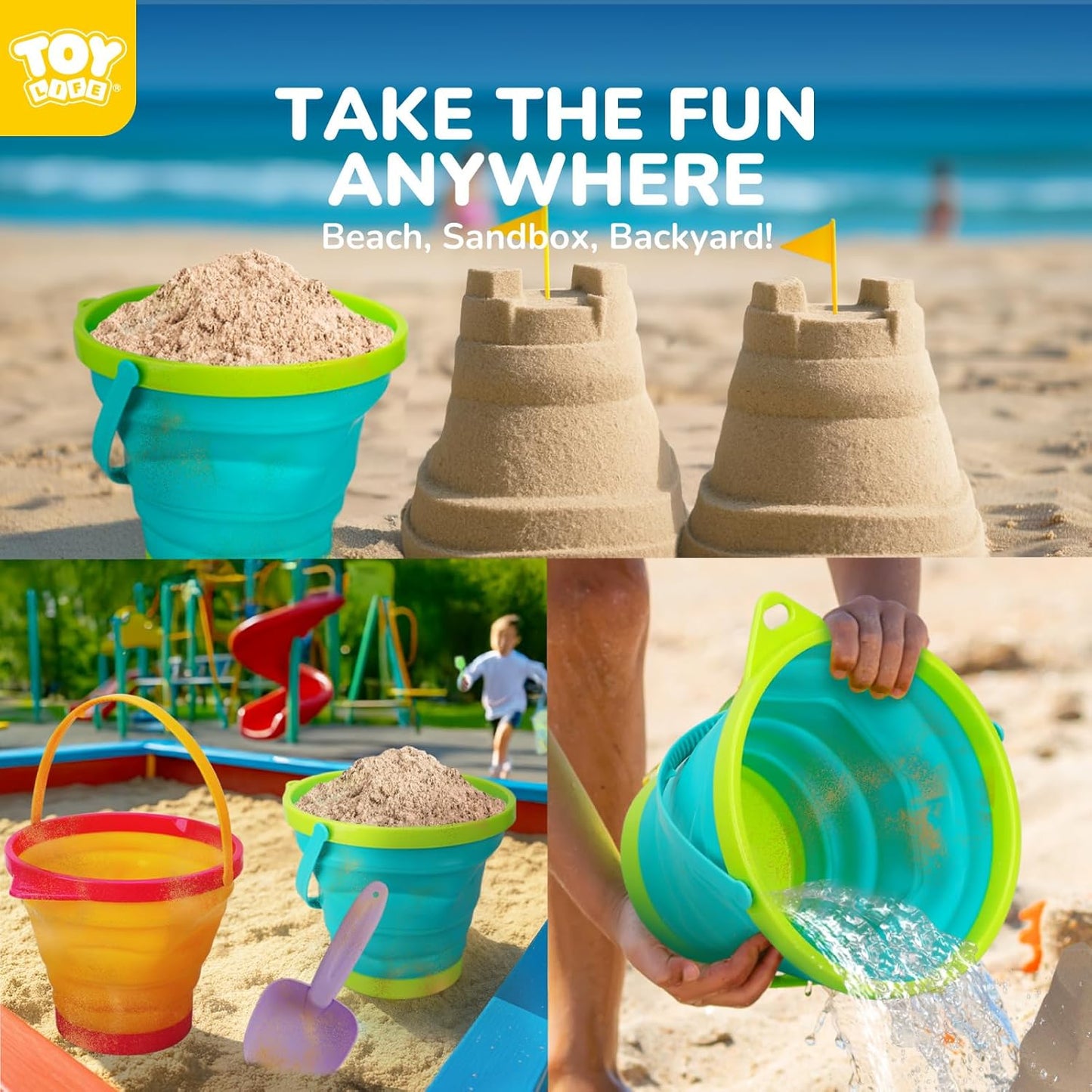 9 Pack Sand Buckets Toys Set with 3 Collapsible Beach Buckets 3 Shovels and 3 Rakes, Toddlers Beach Toys for Kids Ages 4-8 for Camping, Traveling, Fishing, Outdoor Summer Parties