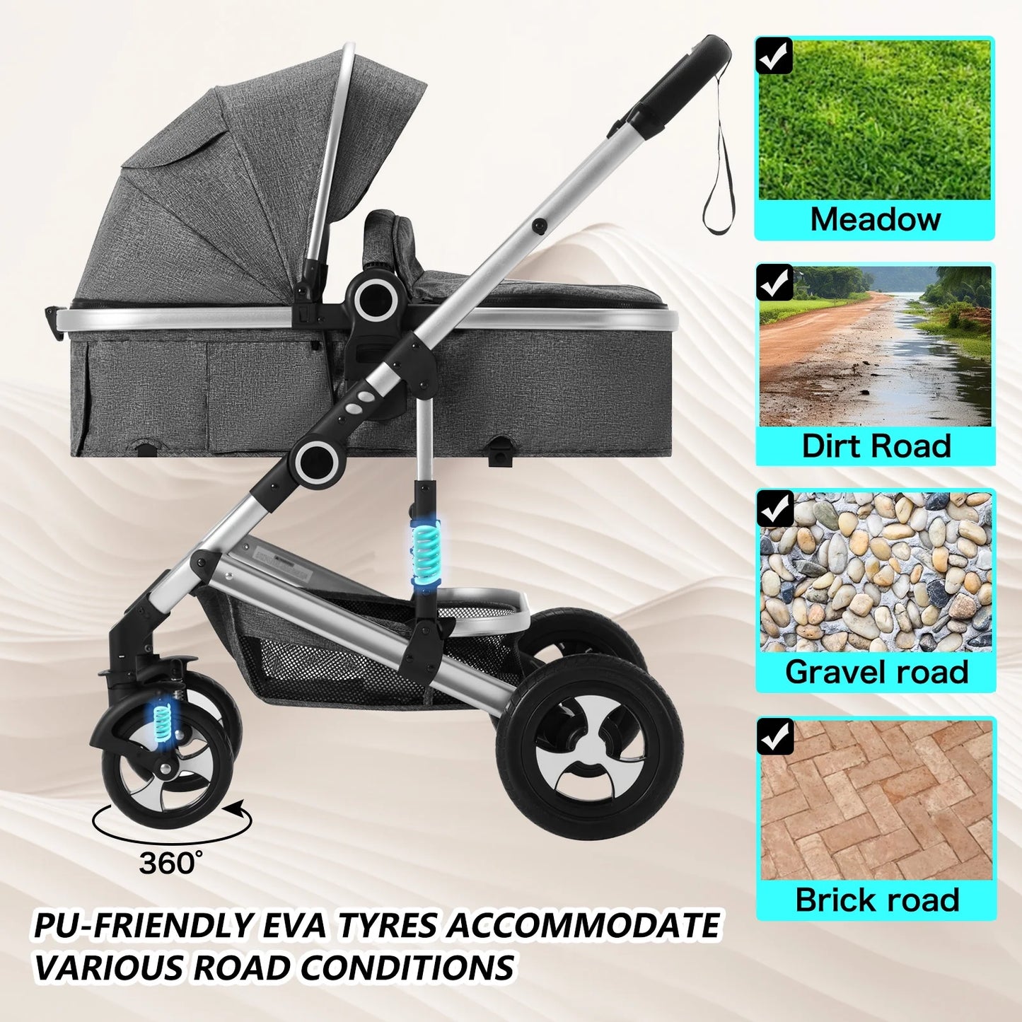 3-In-1 Convertible Baby Stroller with Big Seat and Adjustable Canopy, 24 Pound, Dark Grey