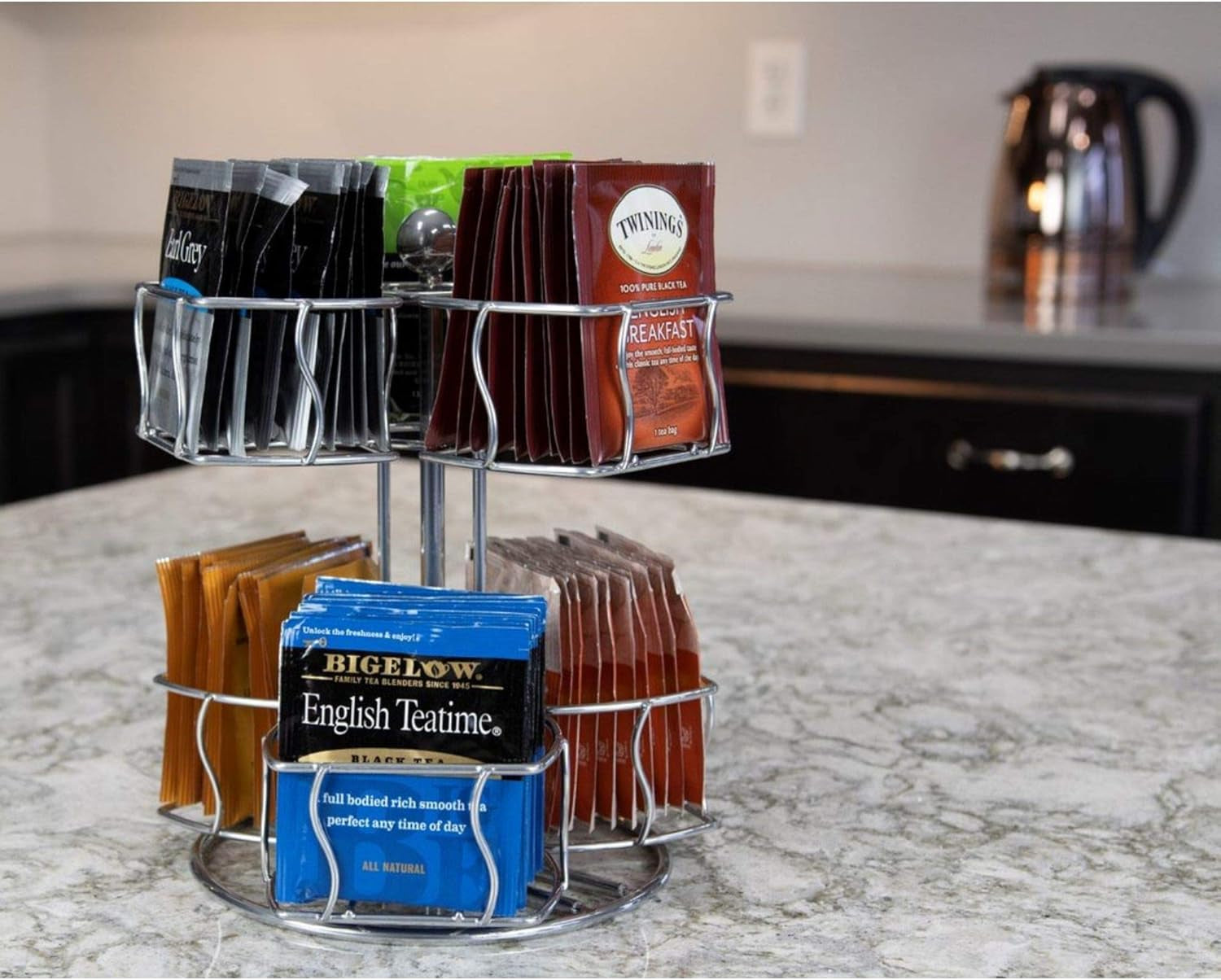 Nifty Tea Bag Spinning Carousel – 6 Compartments, up to 60 Tea Bags Storage, Spins 360-Degrees, Lazy Susan Platform, Modern Chrome Design, Home or Office Kitchen Counter Organizer