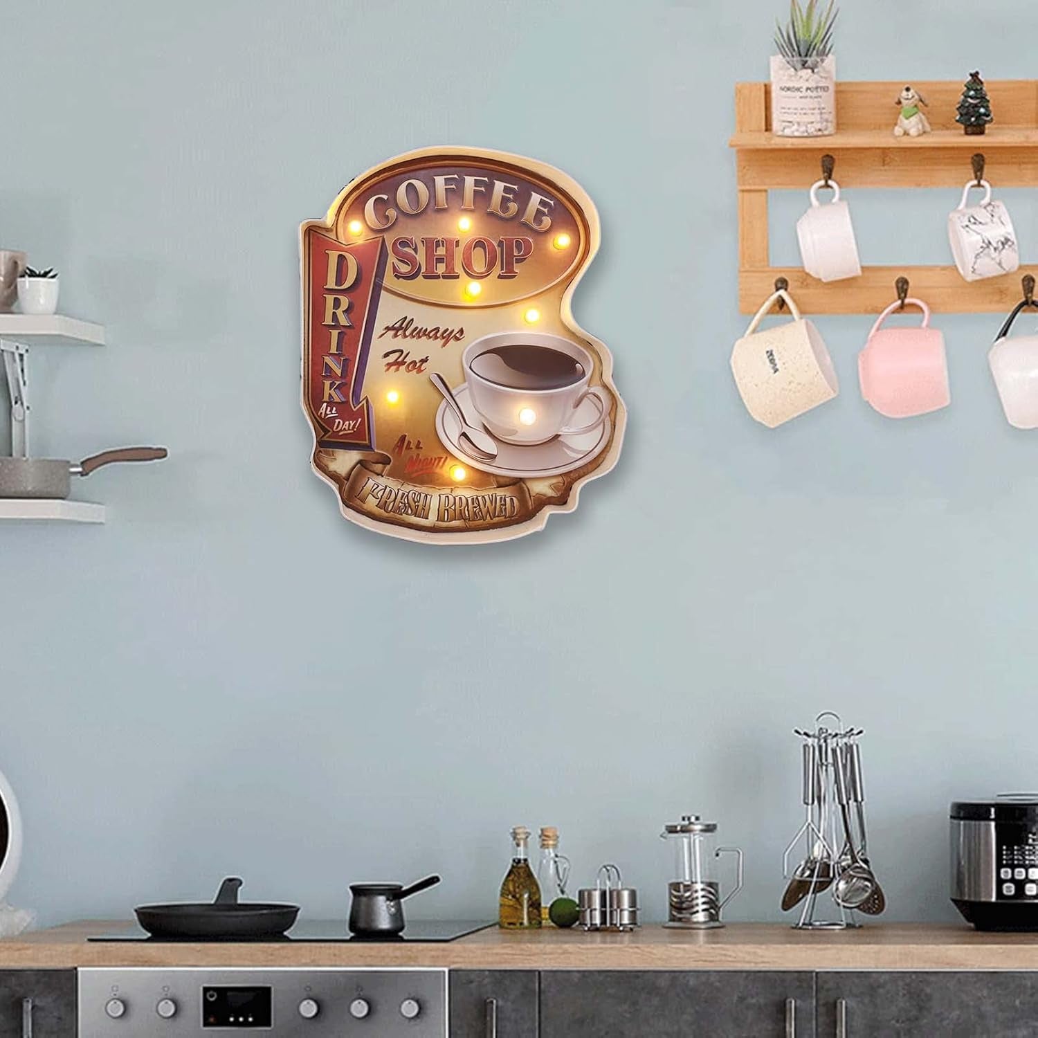 Metal Coffee LED Decor Sign with Warm Ambiance Lights, Easy One-Touch Switch & Battery Powered - Perfect for Home, Cafe, Christmas Gifts, Coffee Lovers and Social Media Decor