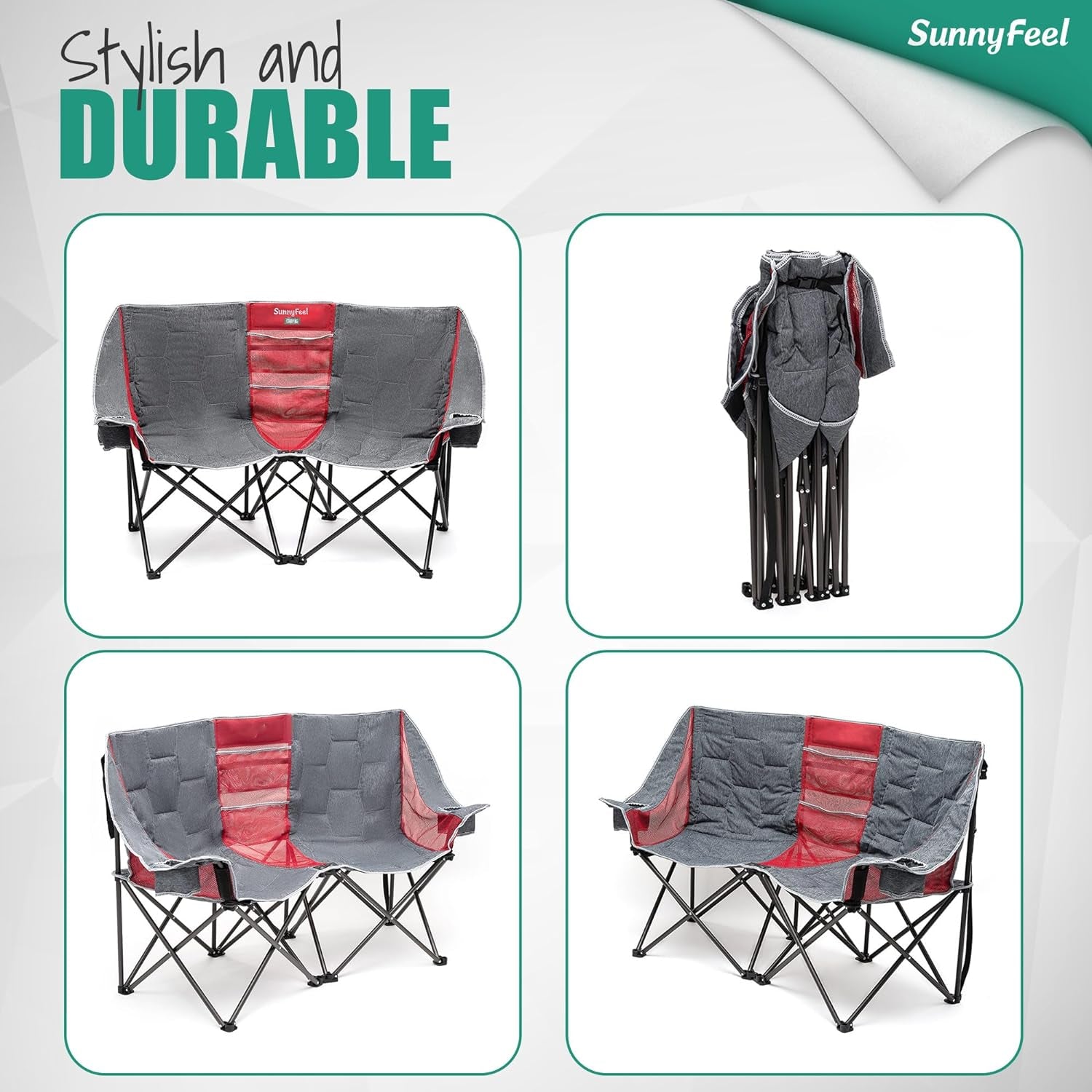 Folding Double Camping Chair, Oversized Loveseat Chair, Heavy Duty Portable/Foldable Lawn Chair with Storage for Outside/Outdoor/Travel/Picnic, Fold up Camp Chairs for Adults 2 People