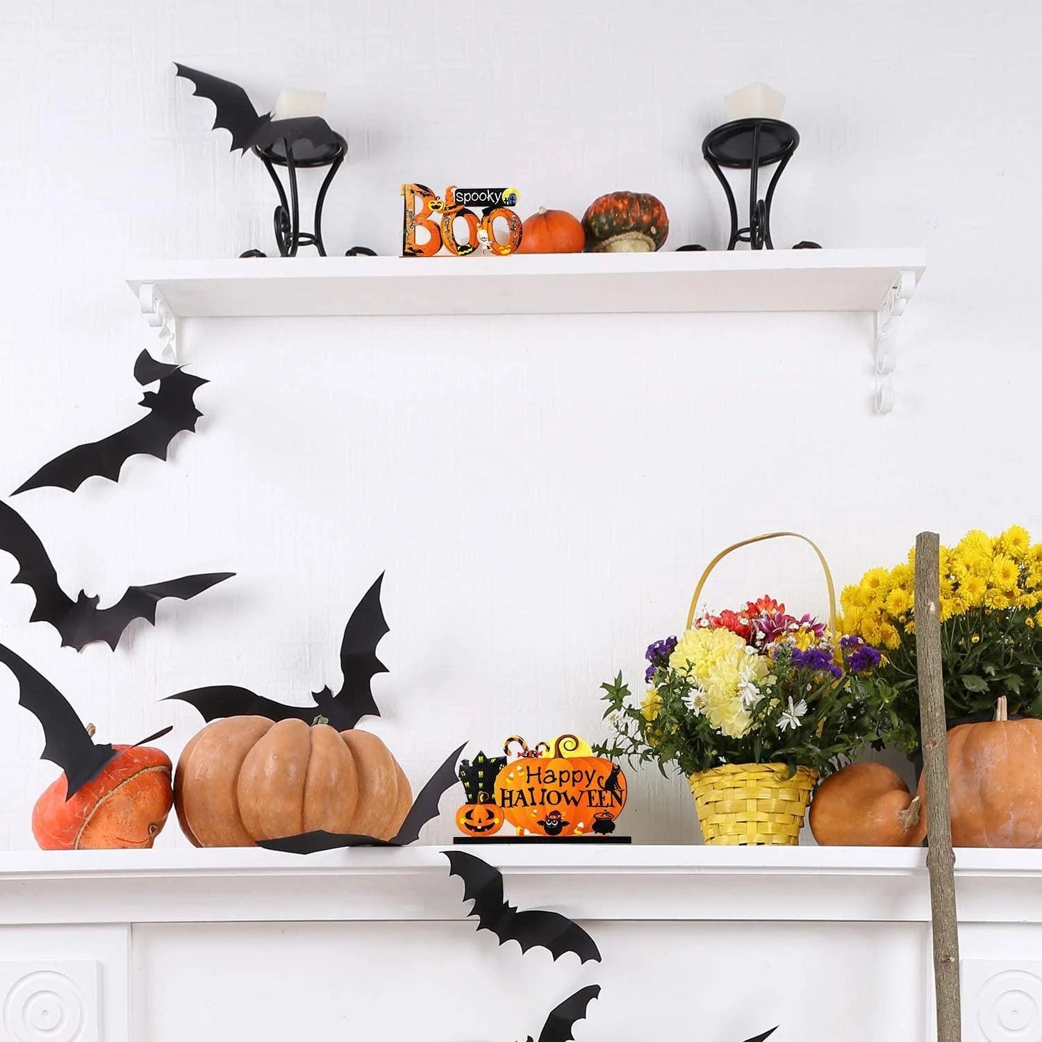 3Pcs Happy Halloween Table Decorations,Orange Pumpkin Table Centerpieces Boo Sign Wood Candy Day for Halloween Party Dinner Coffee Table Topper Tier Tray Room Decor,7.87'' X 4.72''