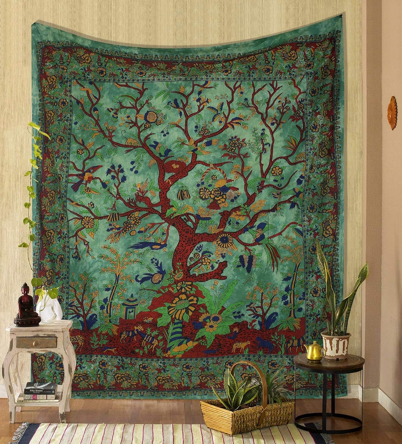 Tapestry Green Tree of Life Wall Hanging – Indian Cotton Full Size Bedspread, Picnic Sheet, Wall Decor, Blanket, Wall Art for Bedroom (Full, 85X90 Inch)