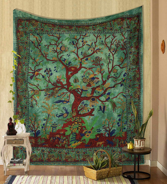 Tapestry Green Tree of Life Wall Hanging – Indian Cotton Full Size Bedspread, Picnic Sheet, Wall Decor, Blanket, Wall Art for Bedroom (Full, 85X90 Inch)