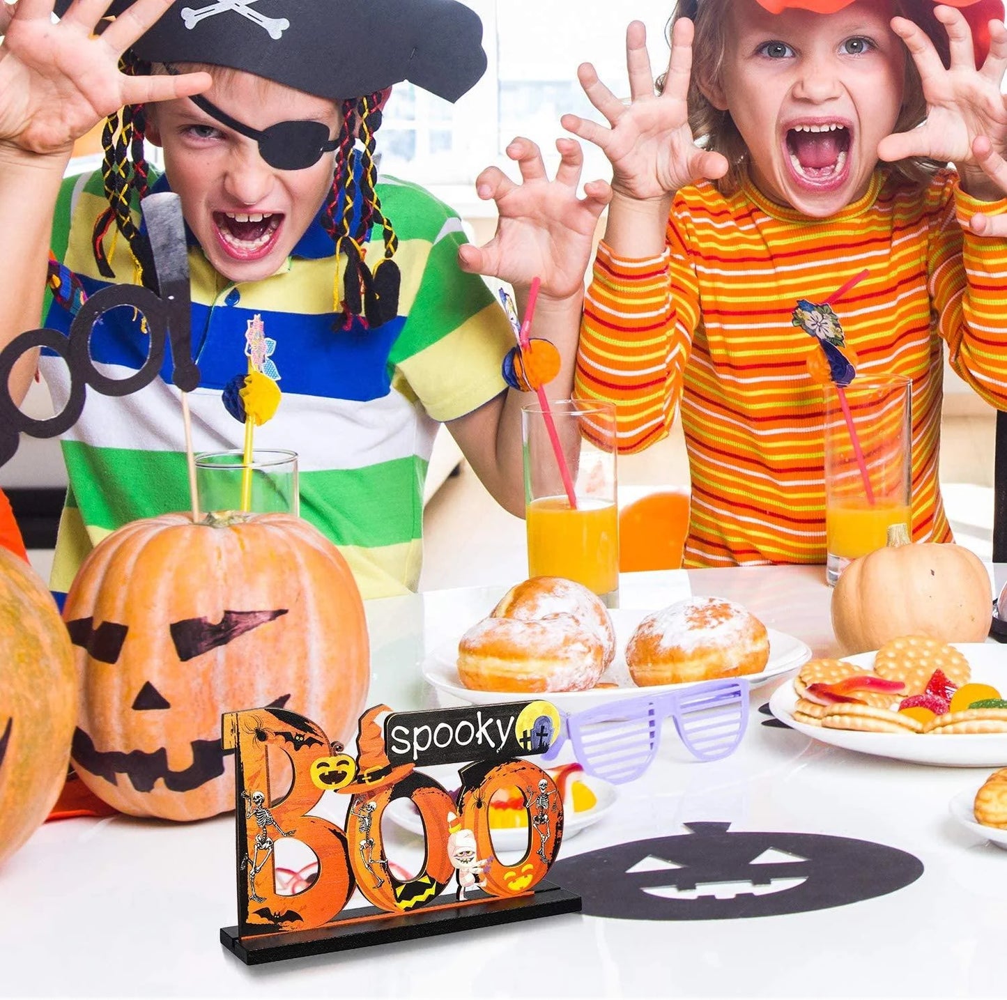 3Pcs Happy Halloween Table Decorations,Orange Pumpkin Table Centerpieces Boo Sign Wood Candy Day for Halloween Party Dinner Coffee Table Topper Tier Tray Room Decor,7.87'' X 4.72''