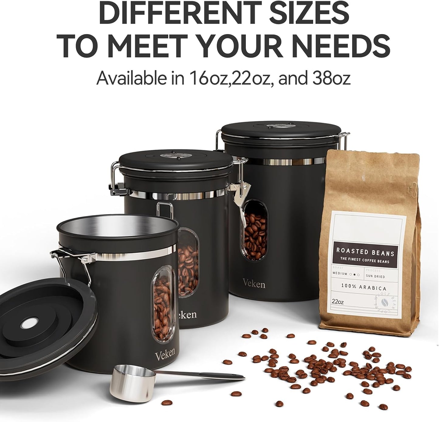 Coffee Canister with Window,Airtight Stainless Steel Container,Home Kitchen Food Storage Organizers for Grounds,Beans,Espresso,Rice,Tea,Sugar,Flour, Cereal,Scoop,Bar Accessories,Gifts,22Oz,Black