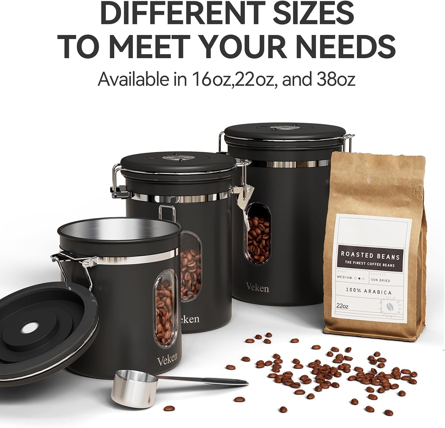 Coffee Canister with Window,Airtight Stainless Steel Container,Home Kitchen Food Storage Organizers for Grounds,Beans,Espresso,Rice,Tea,Sugar,Flour, Cereal,Scoop,Bar Accessories,Gifts,22Oz,Black