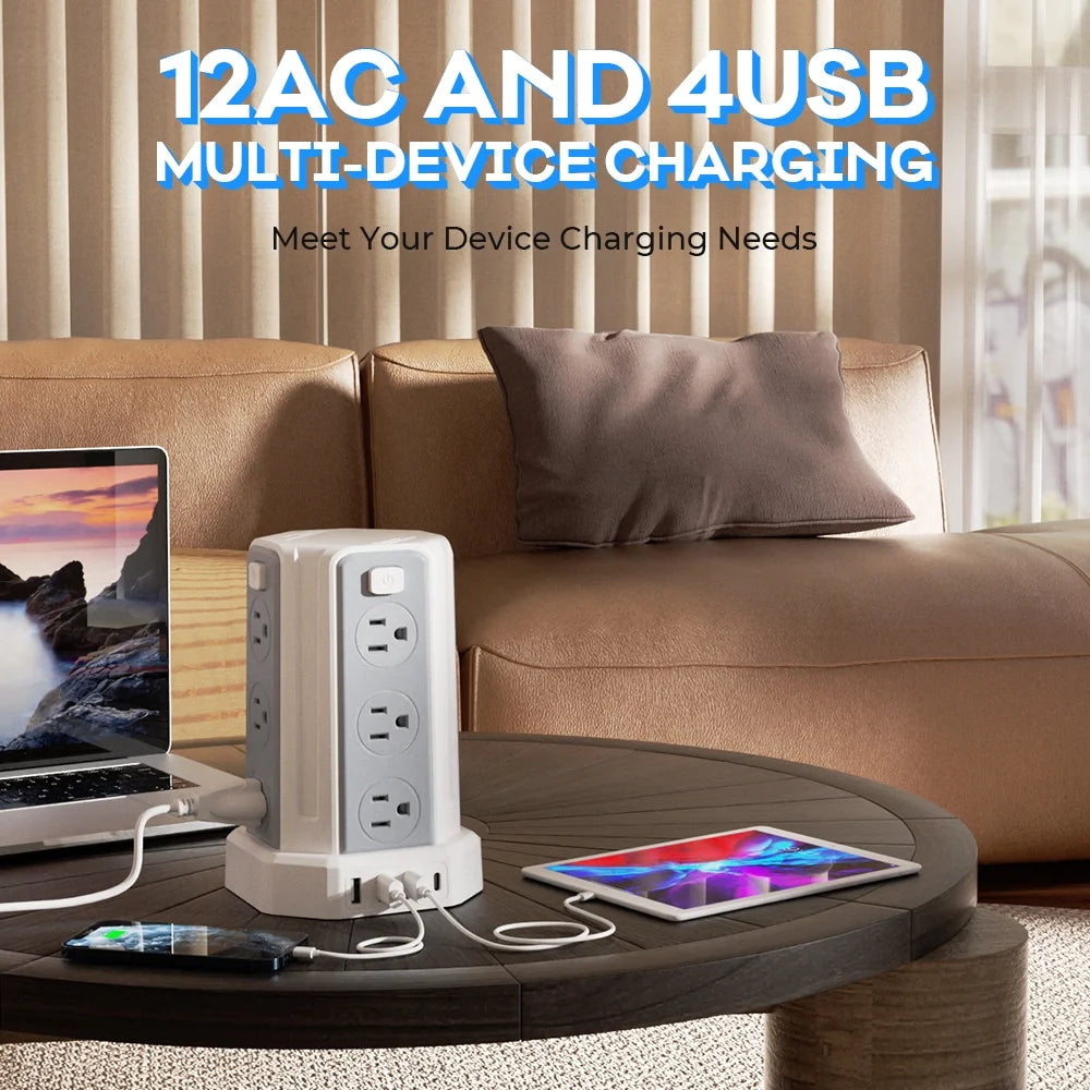Surge Protector Power Strip Tower with 12 Outlets 4 USB Ports, 10Ft Cord Electric Charging Station, White