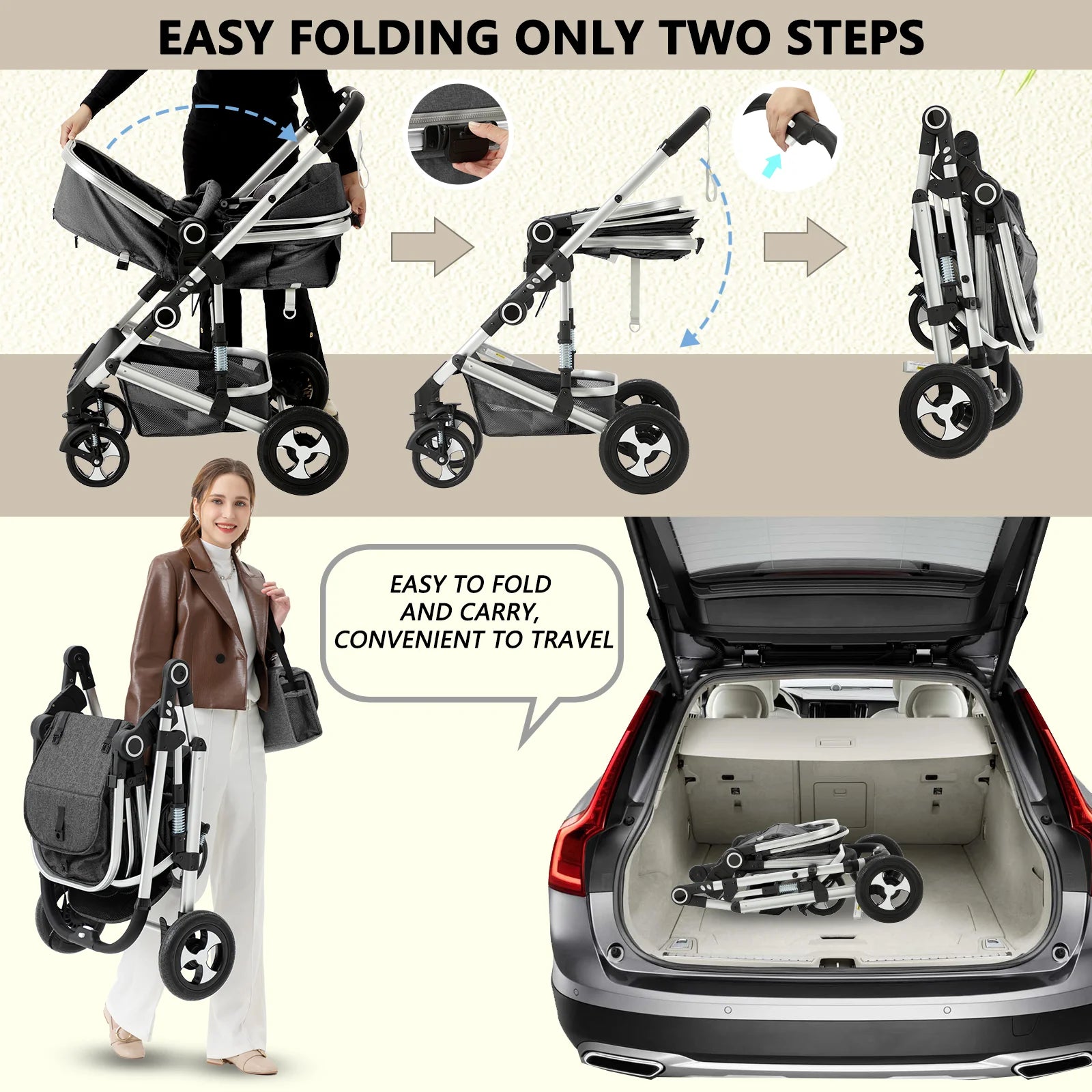 3-In-1 Convertible Baby Stroller with Big Seat and Adjustable Canopy, 24 Pound, Dark Grey