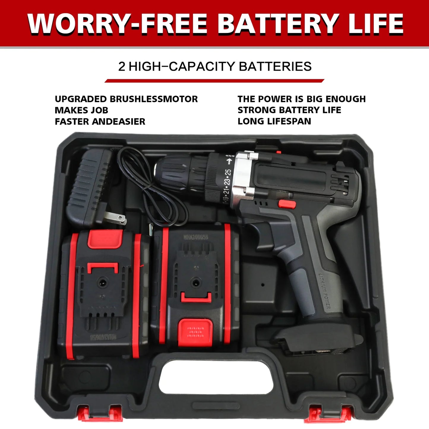 21V Power Drill with 2 Batteries and Charger, Multi-Functional Electric Cordless Drill Set Kit, Portable and Variable Speed, Black