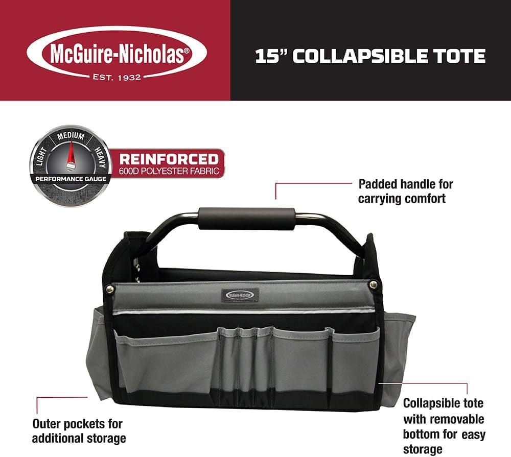 15" Collapsible Tool Tote, Grey and Black Tool Tote Bag, 22015