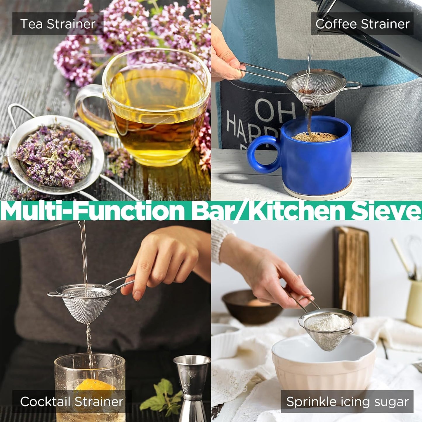 3.3" Fine Mesh Strainer for Kitchen, 304 Stainless Steel Cocktail Sieve Sifters for Food, Liquid Drink Strainers Cup for Tea, Rice, Oil, Noodles, Fruits, Vegetables (Silver)