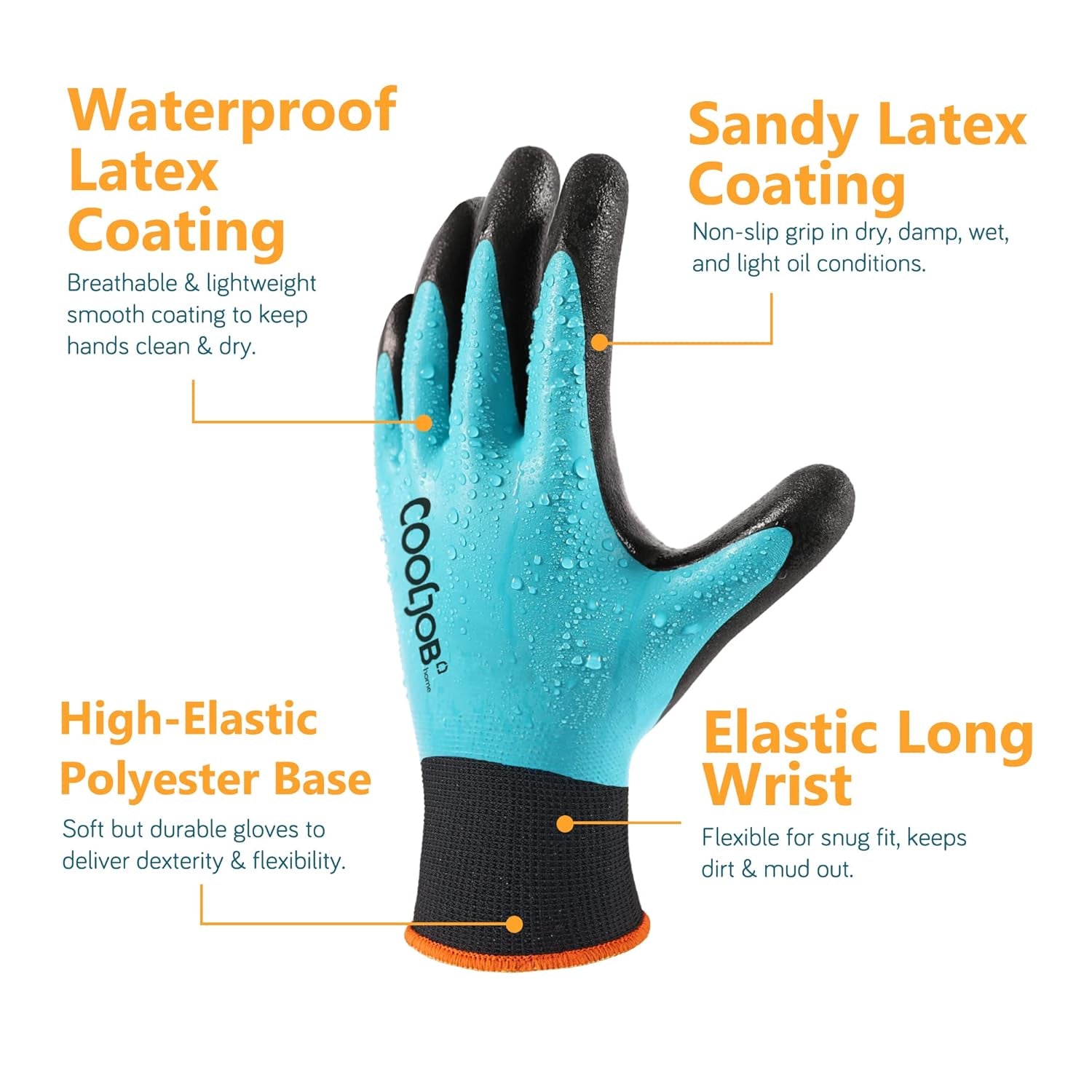 Waterproof Gardening Work Gloves with Grip for Women & Men, Double Rubber Coated for Garden Yard Outdoor Construction Worker, Blue Large Size 2 Pairs