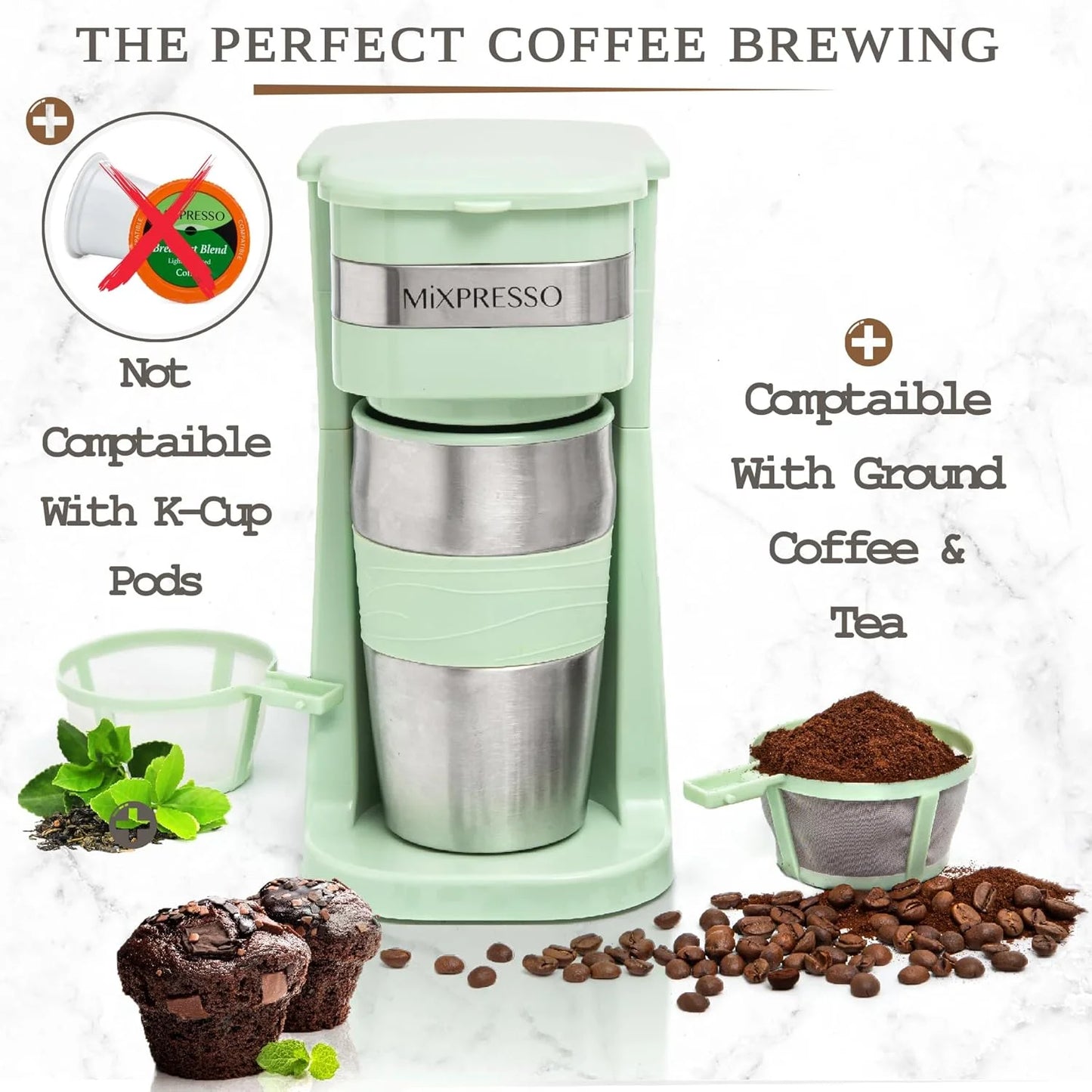 Single Serve Coffee Maker Ground Coffee and 14Oz Travel Mug