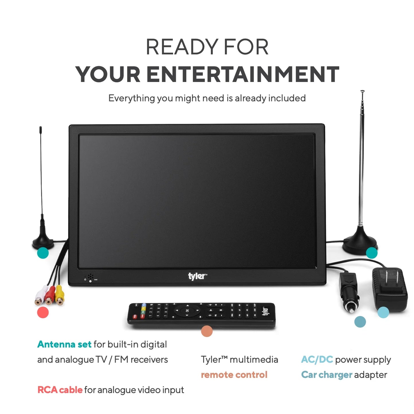 13.3" Portable TV LCD Monitor, LED, Portable, with Battery Powered, Wireless Capability, HDMI, USB, RCA, AC/DC, FM Radio, Car Charger, Remote Control, Built in Stand, New