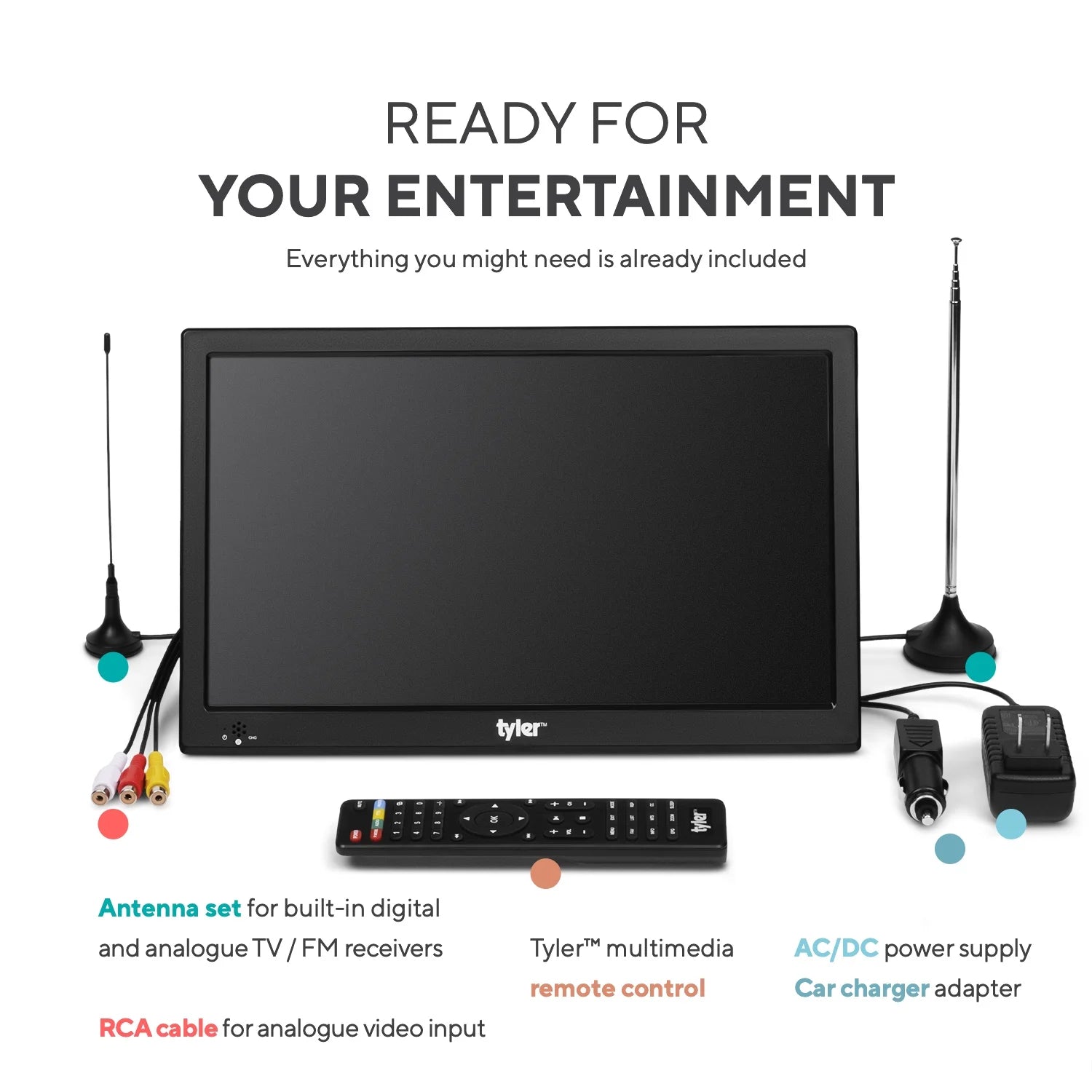 13.3" Portable TV LCD Monitor, LED, Portable, with Battery Powered, Wireless Capability, HDMI, USB, RCA, AC/DC, FM Radio, Car Charger, Remote Control, Built in Stand, New