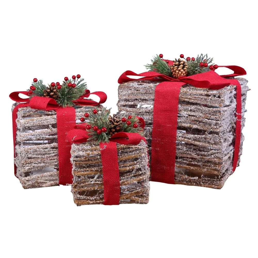 Christmas Set of 3 Pre-Lit Gift Present Boxes W/ 60 LED Lights - Indoor/Outdoor Yard/Lawn Use- Wicker Red Bow