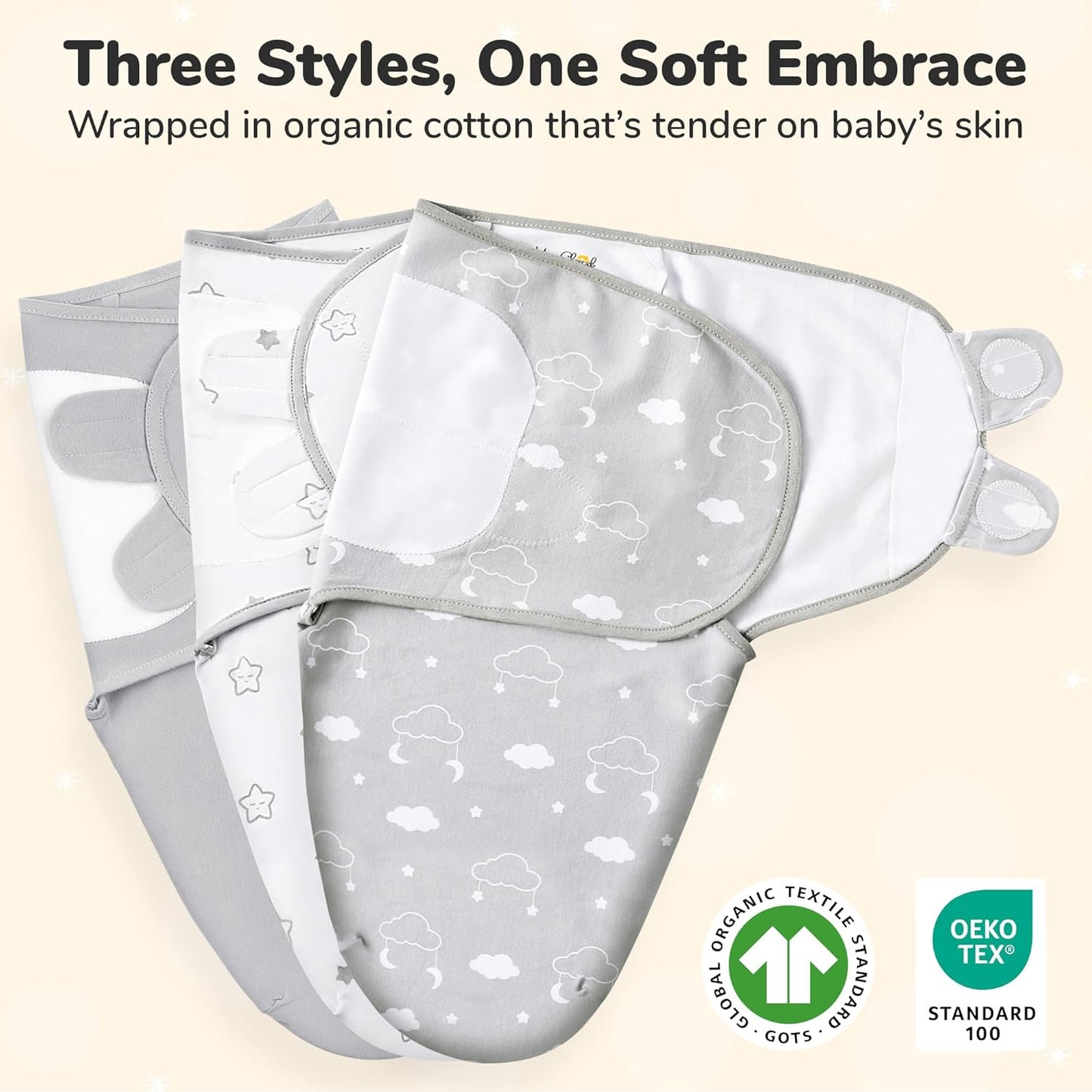 Baby Swaddle Blanket, Swaddle Wrap for Newborn and Infant, Adjustable Swaddle Set for Baby Boy and Girl, 3 Pack Soft Organic Cotton, Large (3-6 Months), Grey and White