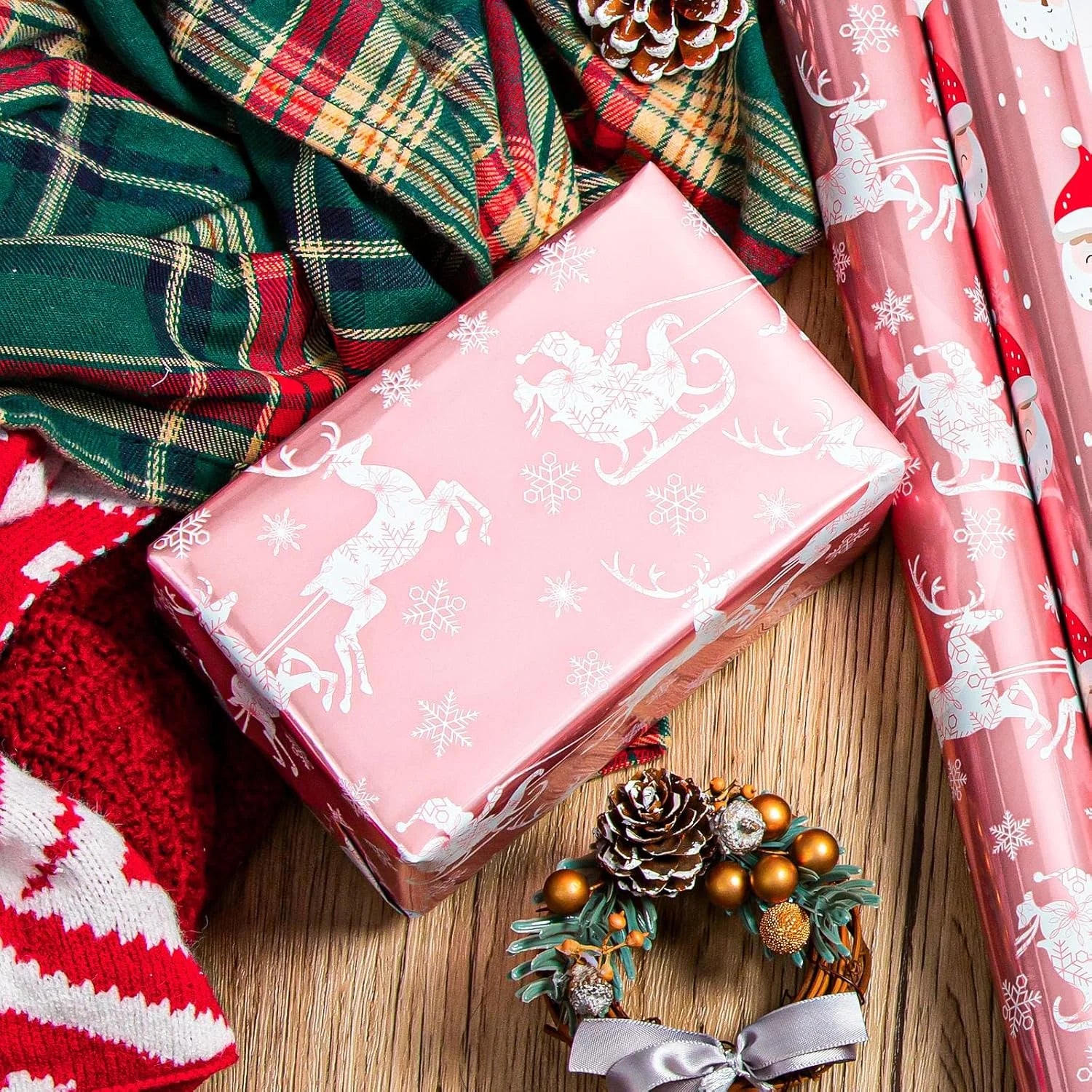 Christmas Wrapping Paper Roll - Pink Gift Wrap with Christmas Sleigh Amd Snowflake - Perfect for Christmas - 17 Inch X 33 Feet