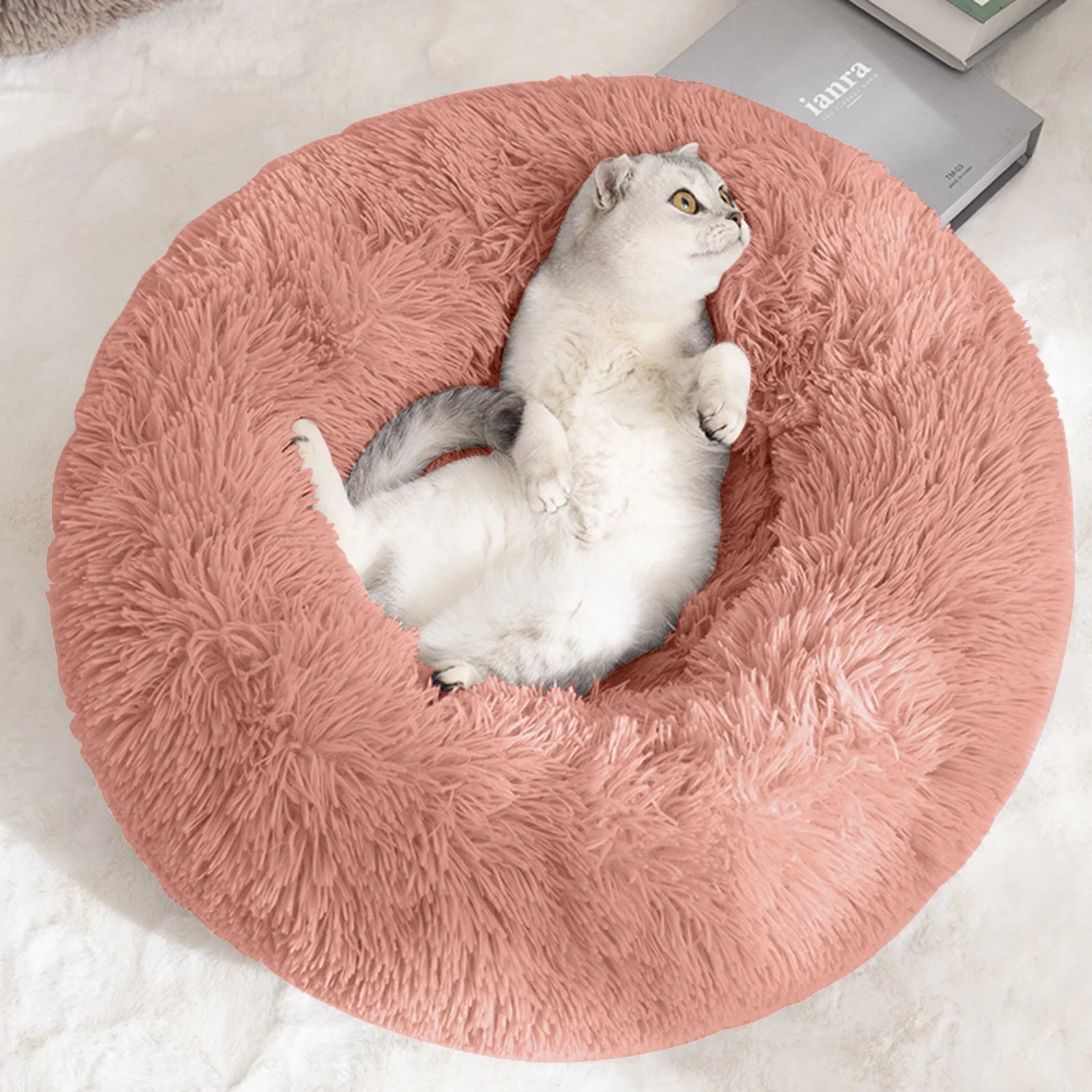 27In Calming Donut Dog Bed Anti-Anxiety, Self Warming, Cozy Soft Plush round Pet Bed Indoor, Ideal for Both Home & Travel, Size 27”X27”X8” Pink