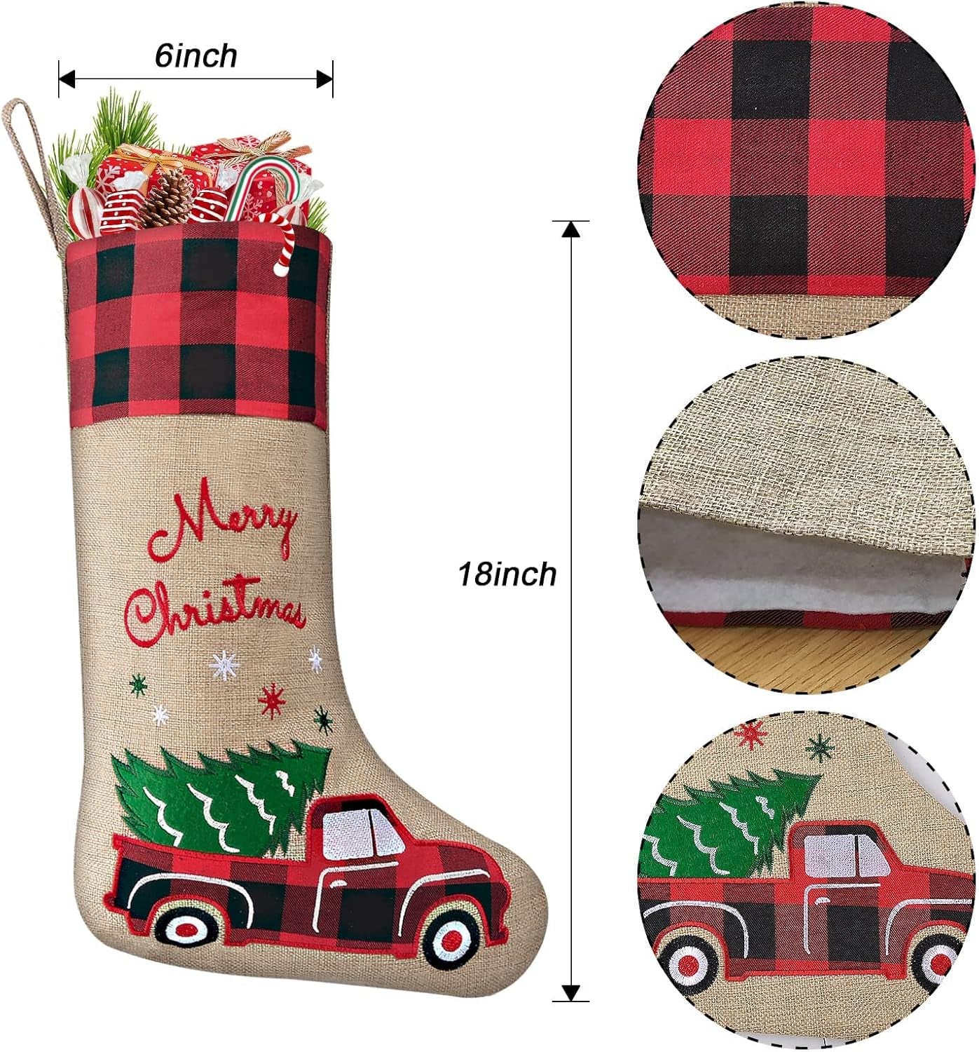 Burlap Christmas Stockings with Red Truck Xmas Decor 2 Pack, Buffalo Plaid Christmas Stockings 18-Inch Red Truck Christmas Ornaments Decorations