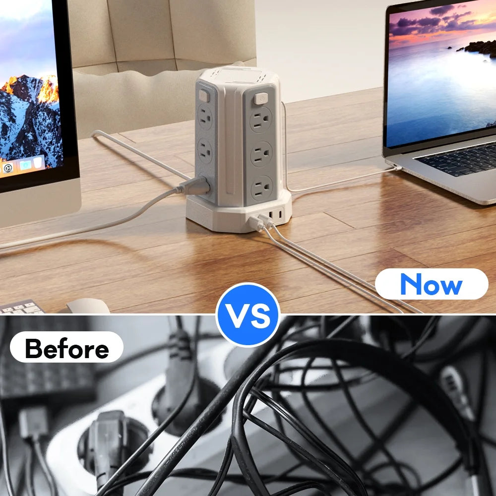 Surge Protector Power Strip Tower with 12 Outlets 4 USB Ports, 10Ft Cord Electric Charging Station, White