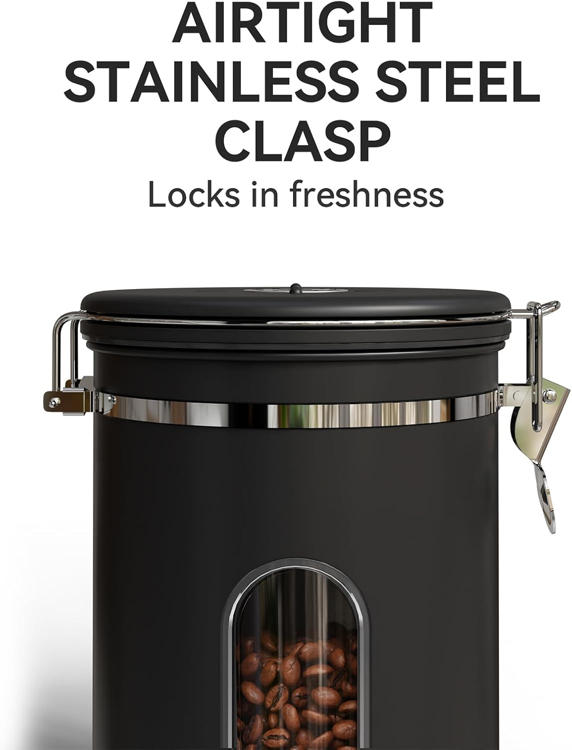 Coffee Canister with Window,Airtight Stainless Steel Container,Home Kitchen Food Storage Organizers for Grounds,Beans,Espresso,Rice,Tea,Sugar,Flour, Cereal,Scoop,Bar Accessories,Gifts,22Oz,Black