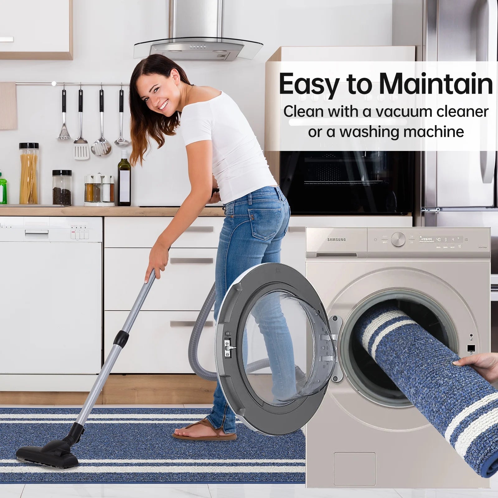 Kitchen Rugs and Mats 2 Pieces, 24"X35"+24"X60", Stain-Resistant and Absorbent Kitchen Mats Non-Slip, Machine Washable Kitchen Floor Mat, Rugs for Kitchen, Floor and Home, Blue
