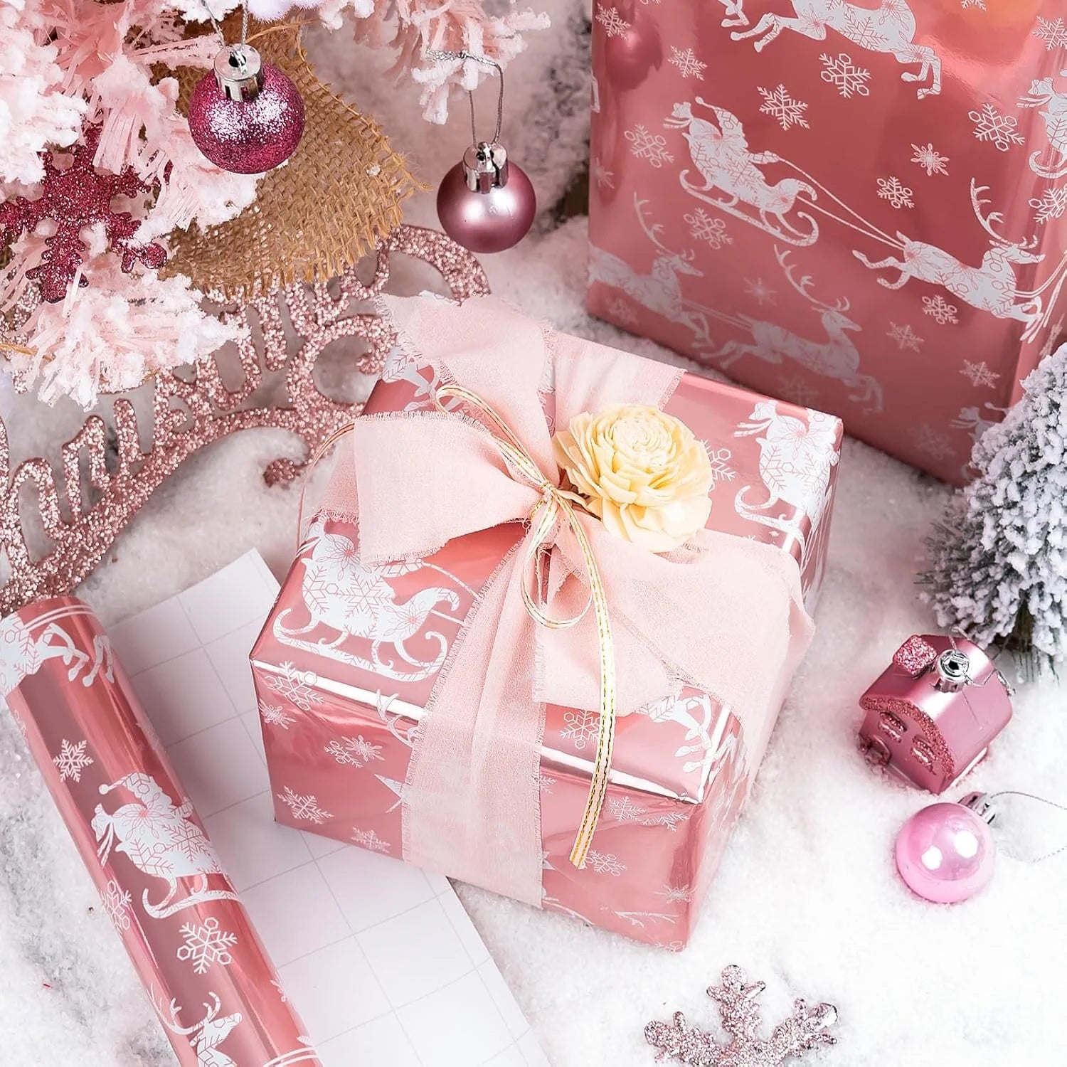 Christmas Wrapping Paper Roll - Pink Gift Wrap with Christmas Sleigh Amd Snowflake - Perfect for Christmas - 17 Inch X 33 Feet