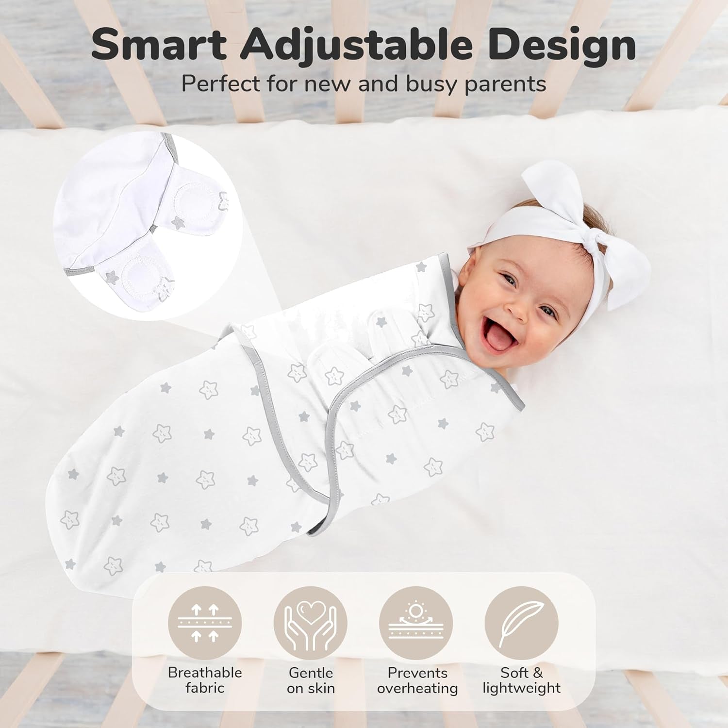 Baby Swaddle Blanket, Swaddle Wrap for Newborn and Infant, Adjustable Swaddle Set for Baby Boy and Girl, 3 Pack Soft Organic Cotton, Large (3-6 Months), Grey and White