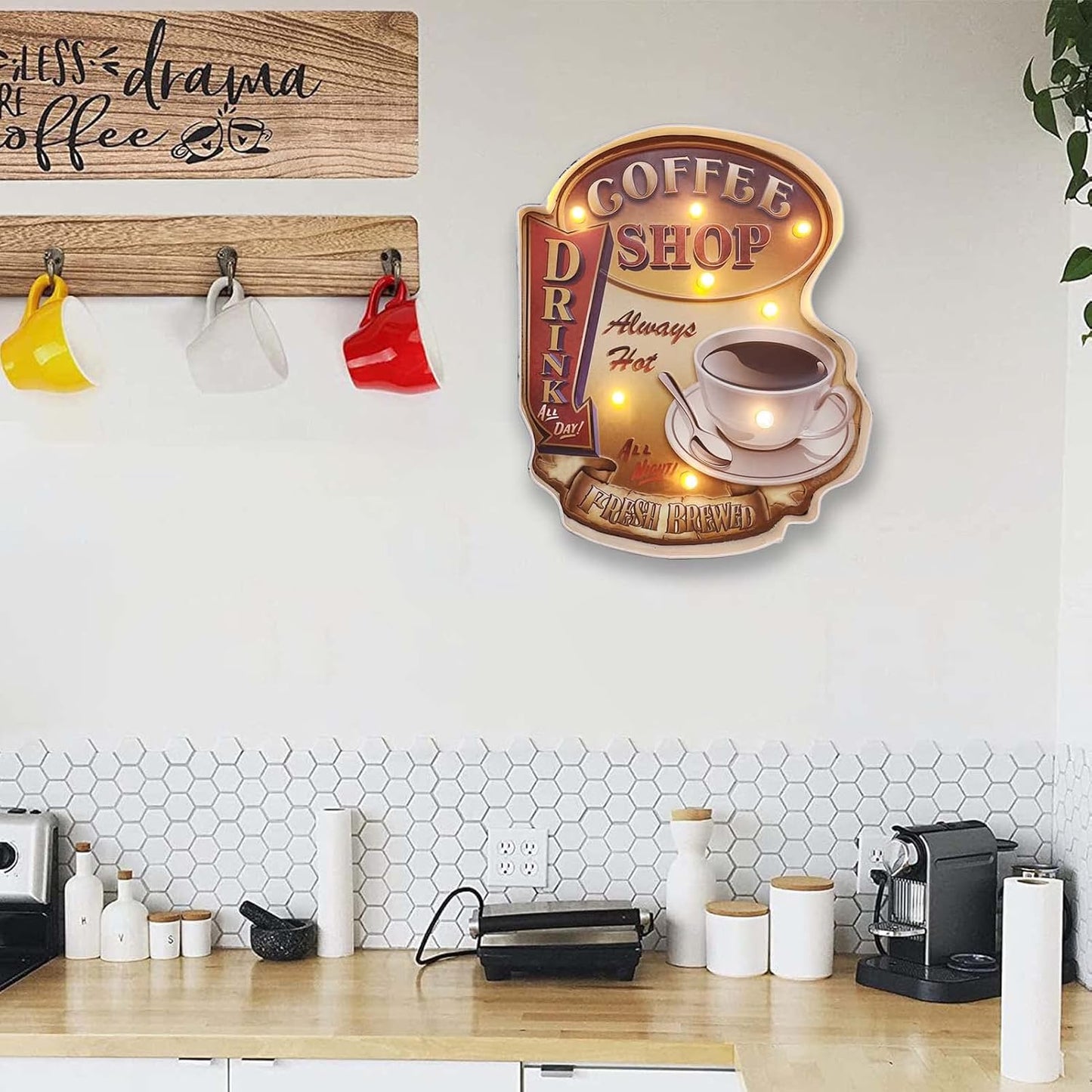 Metal Coffee LED Decor Sign with Warm Ambiance Lights, Easy One-Touch Switch & Battery Powered - Perfect for Home, Cafe, Christmas Gifts, Coffee Lovers and Social Media Decor